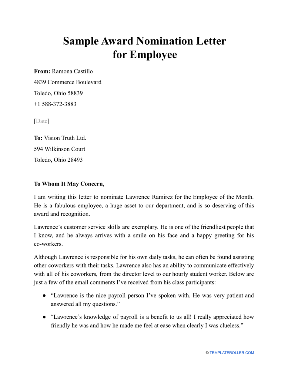 Sample Award Nomination Letter for Employee, Page 1