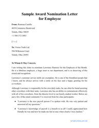 Document preview: Sample Award Nomination Letter for Employee
