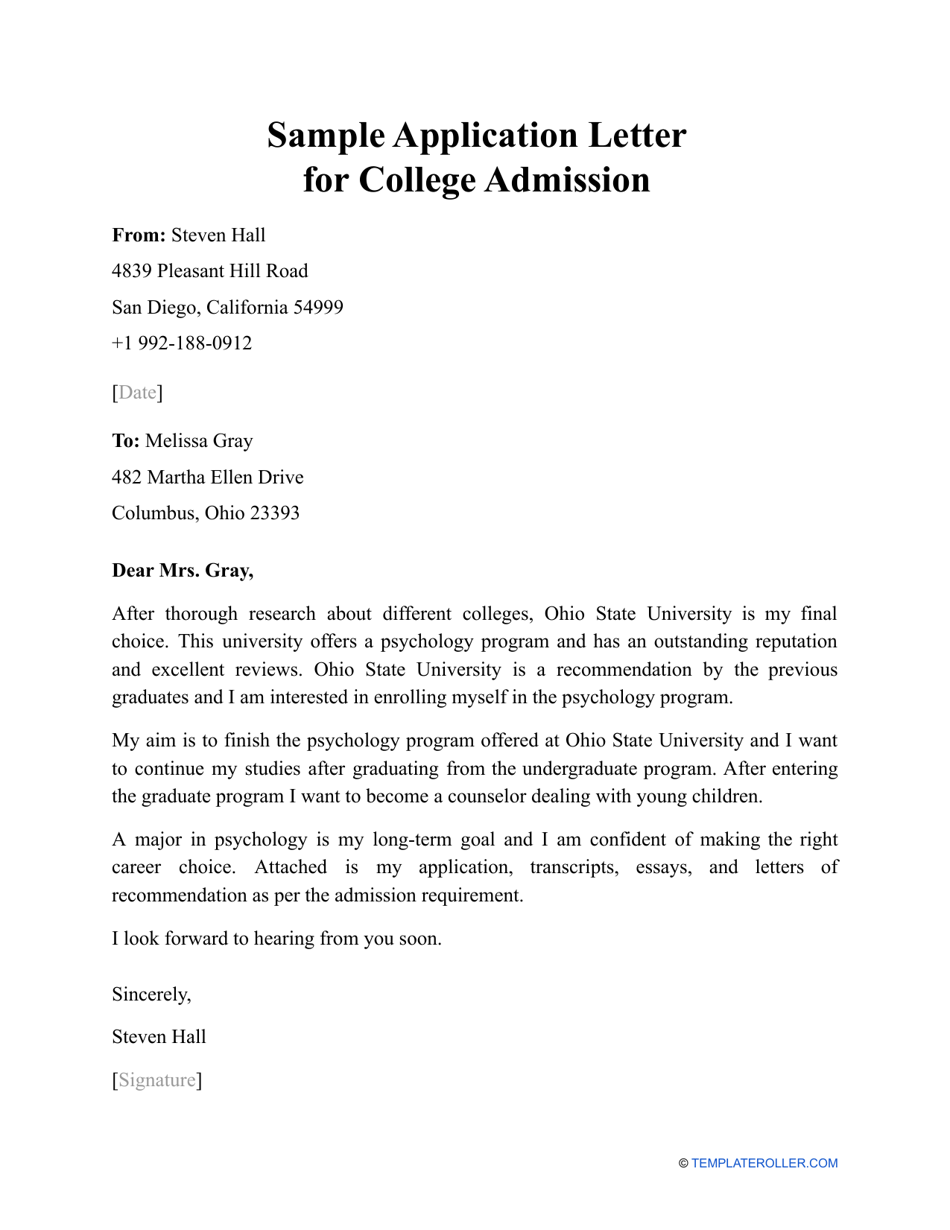Preview of Sample Application Letter for College Admission Templage