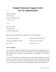 Document preview: Sample Insurance Appeal Letter for No Authorization