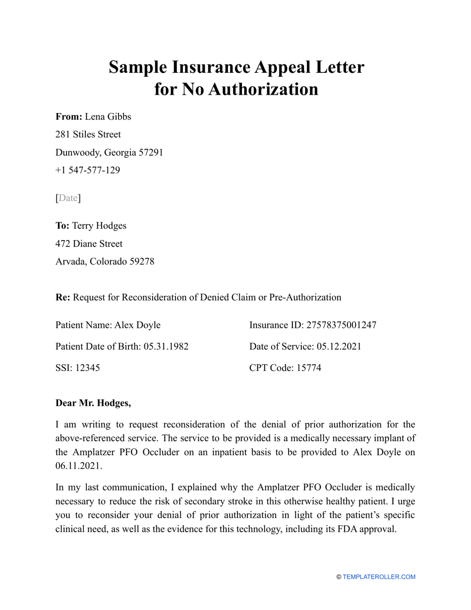 Sample Insurance Appeal Letter for No Authorization Download Printable