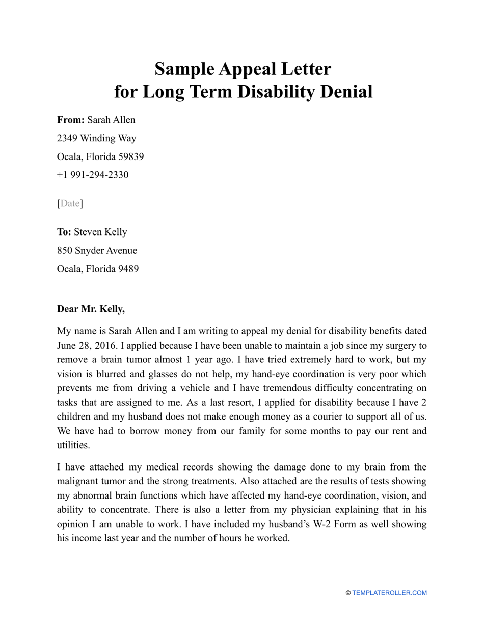 Preview of the Sample Appeal Letter for Long Term Disability Denial document
