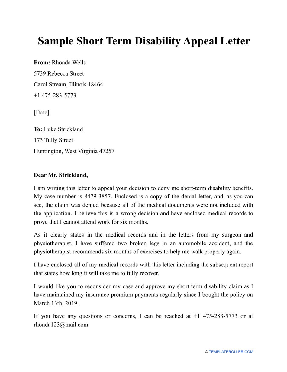 Sample Short Term Disability Appeal Letter Download Printable PDF