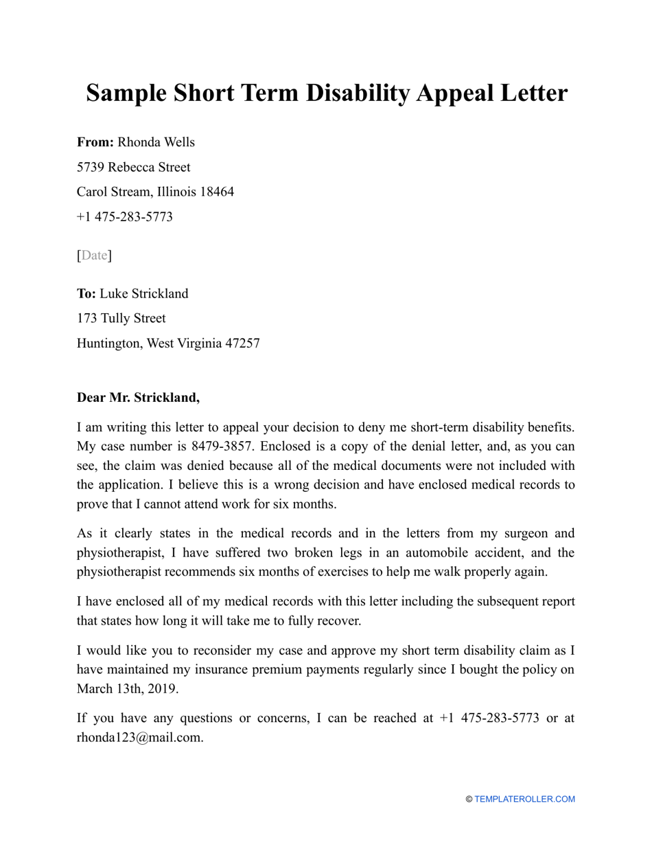 Sample Short Term Disability Appeal Letter Download Printable PDF 