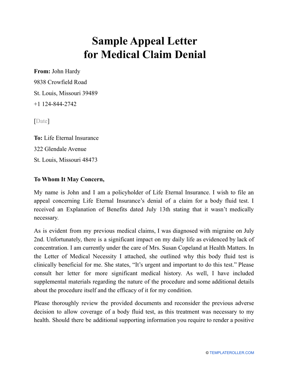 Sample Appeal Letter For Medical Claim Denial Download Printable PDF 