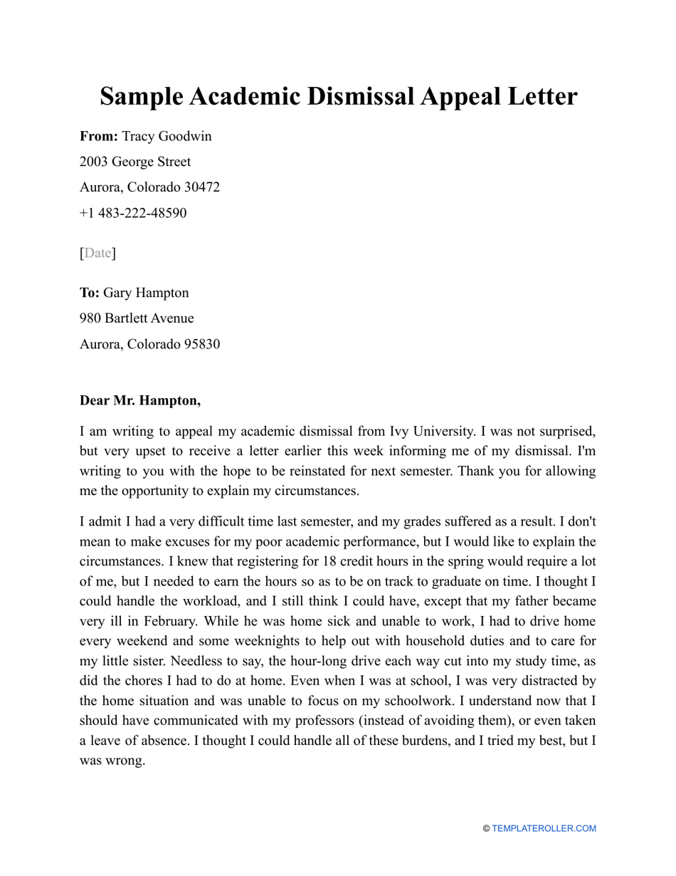 Sample Academic Dismissal Appeal Letter - Preview