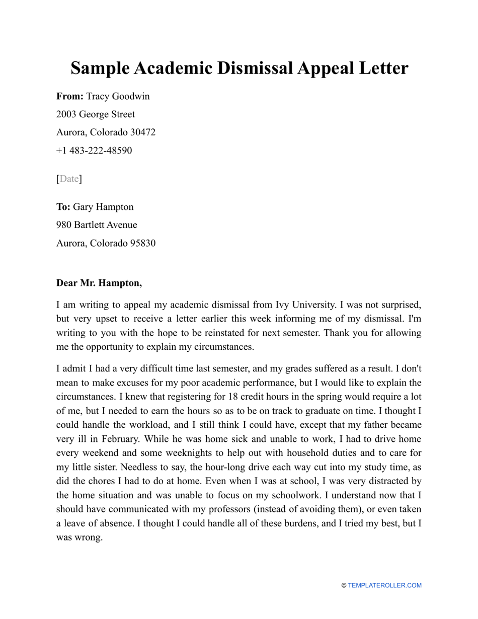 Academic Dismissal Appeal Letter, Academic Dismissal Appeal Letter  Template, Academic Dismissal Letter, Word Template, Simple Letter