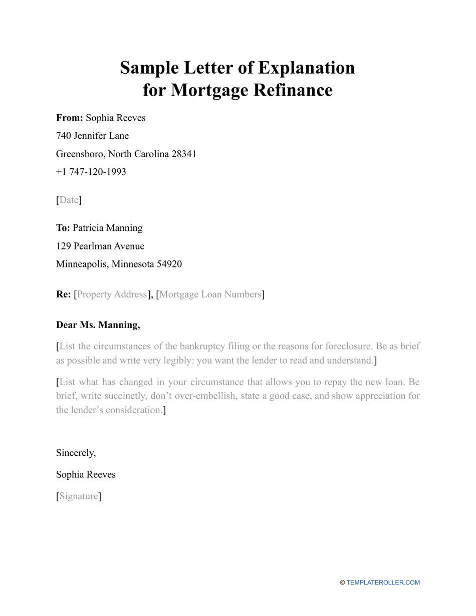 Sample Letter of Explanation for Mortgage Refinance Download Printable