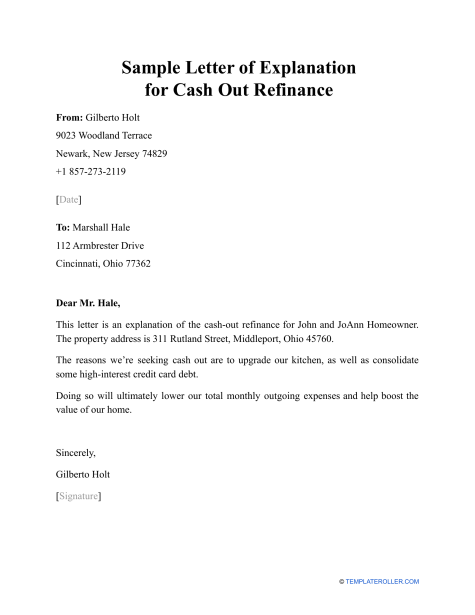 Sample Letter of Explanation for Cash out Refinance - Templateroller