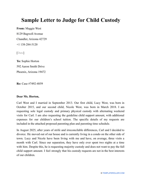 Sample Letter to Judge for Child Custody Download Printable PDF