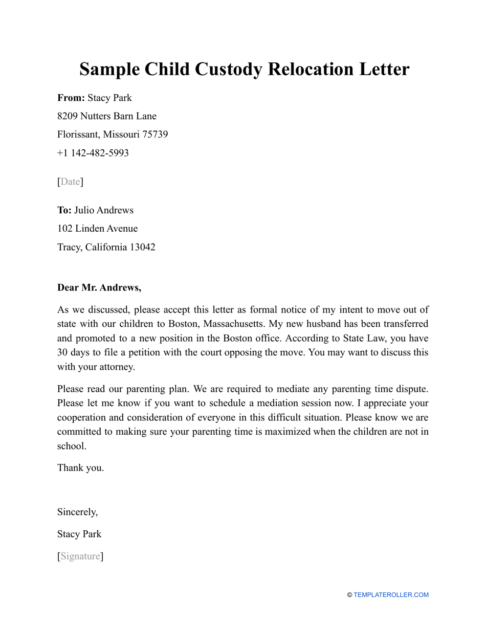Sample Child Custody Relocation Letter Download Printable PDF 