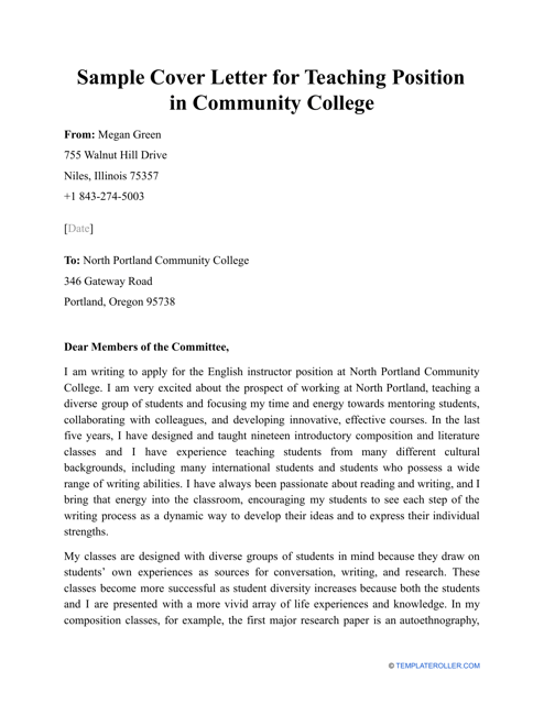 Sample Cover Letter for Teaching Position in Community College