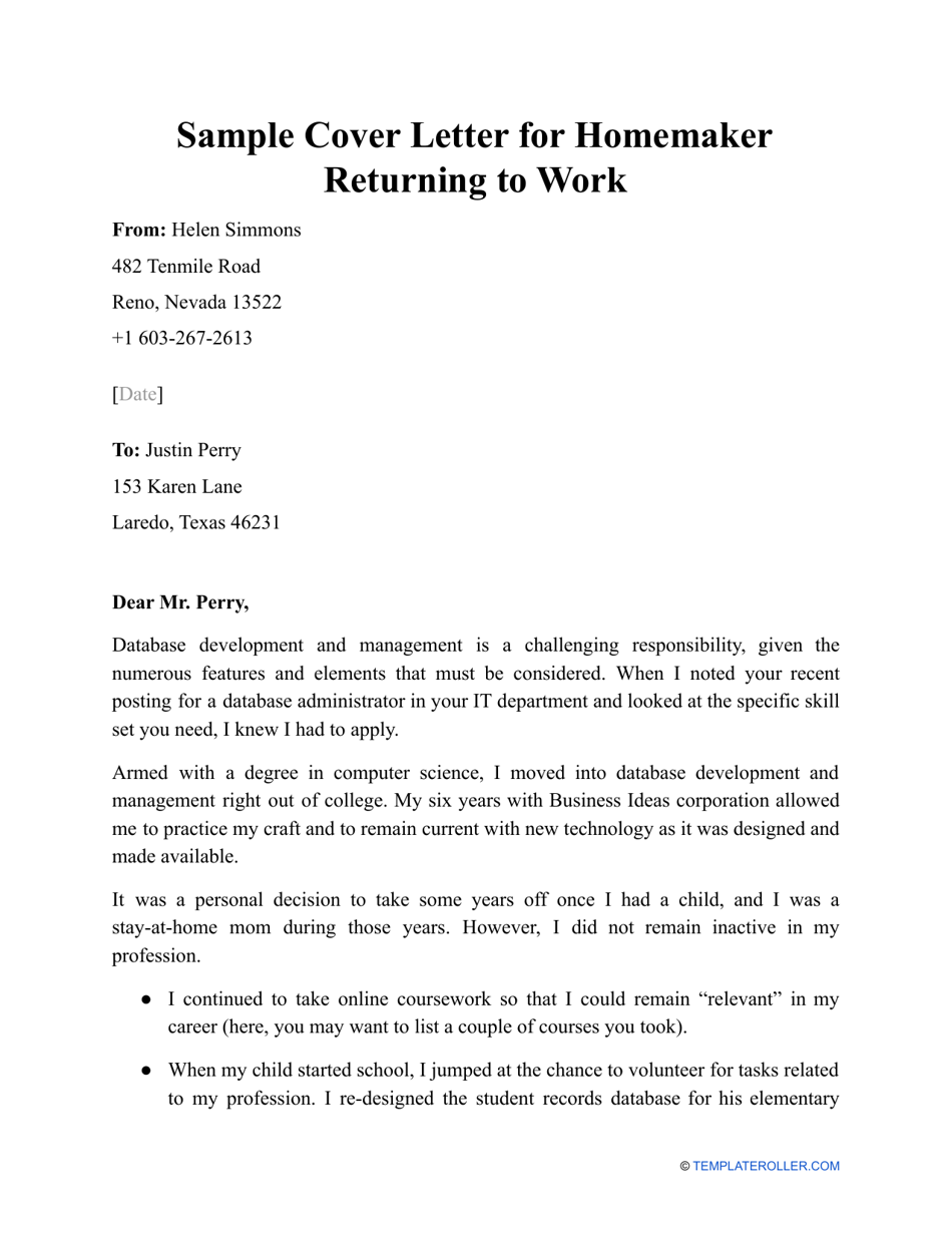 return to work cover letter examples