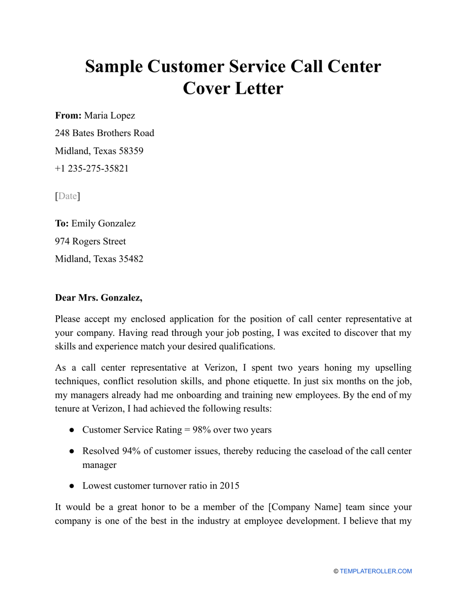 cover letter for customer service representative call center
