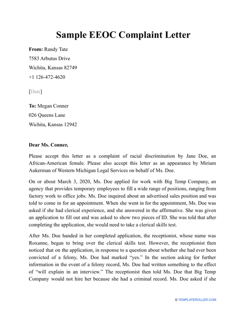 Sample EEOC Complaint Letter - Templateroller.com