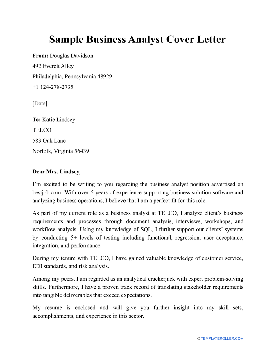 Sample Business Analyst Cover Letter, Page 1