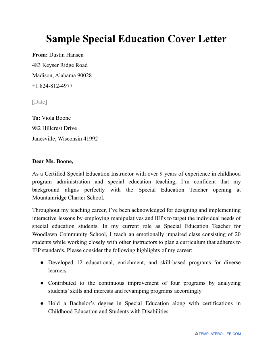 Sample Special Education Cover Letter, Page 1