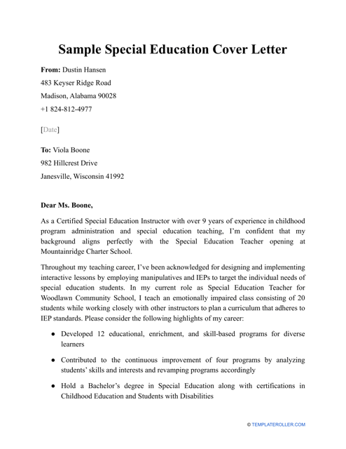 Sample Special Education Cover Letter