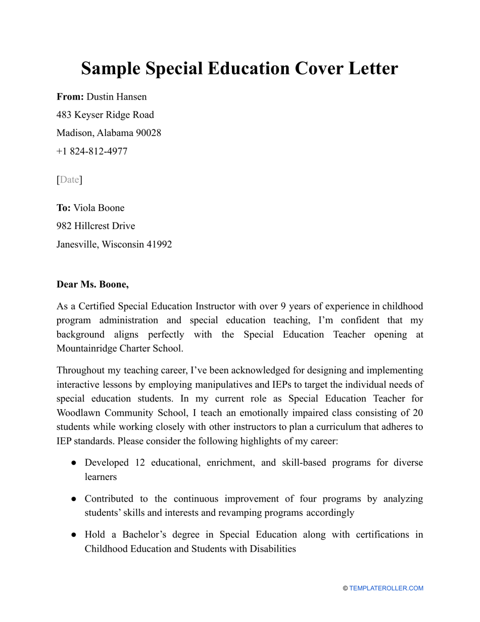 director of special education cover letter examples