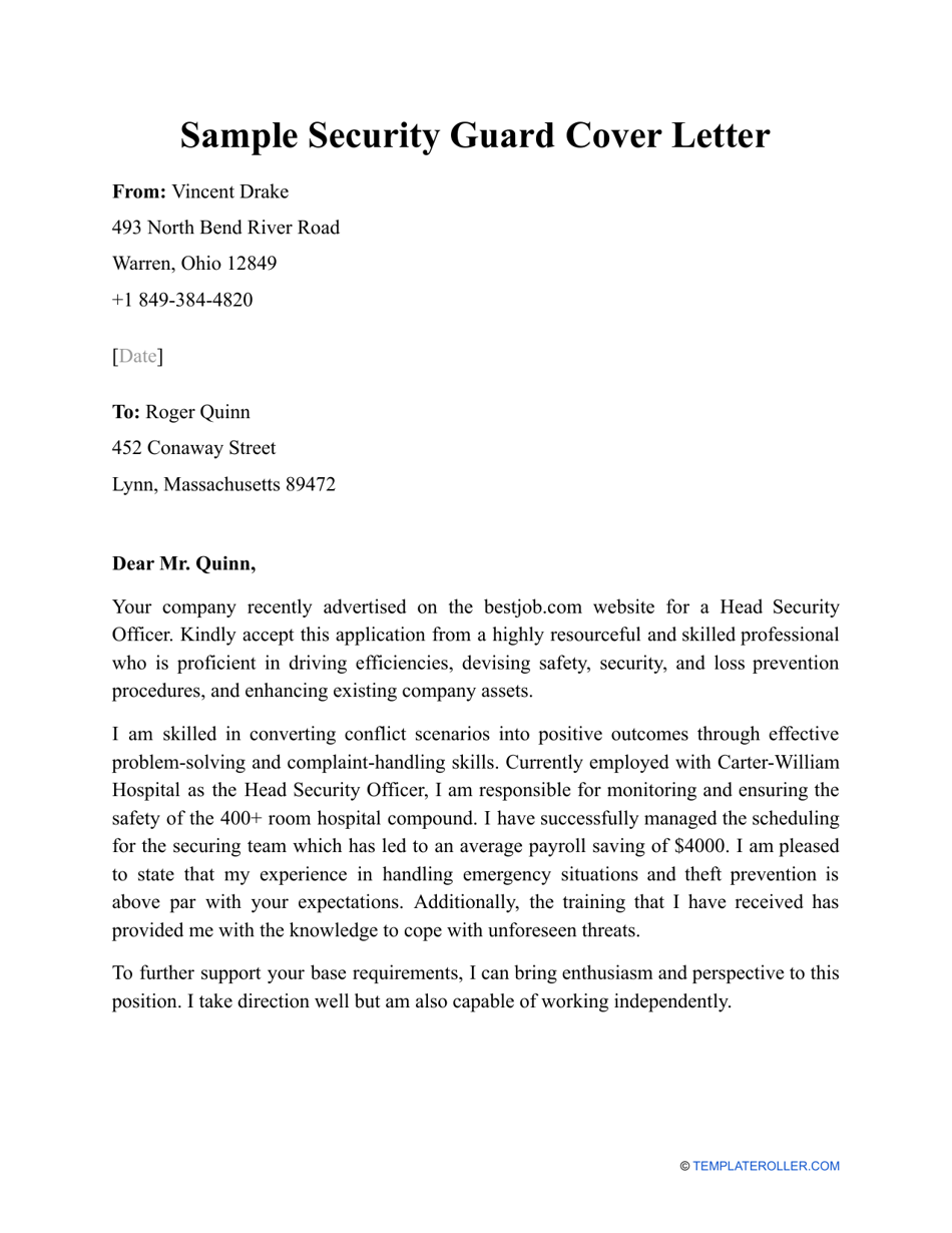 Sample Security Guard Cover Letter Download Printable PDF Templateroller