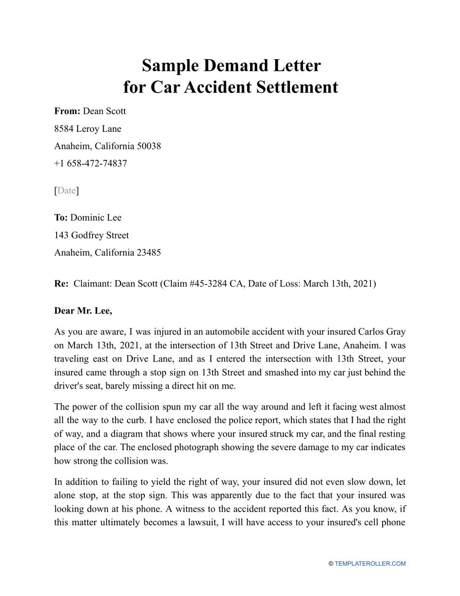 Sample Demand Letter for Car Accident Settlement Download Printable PDF