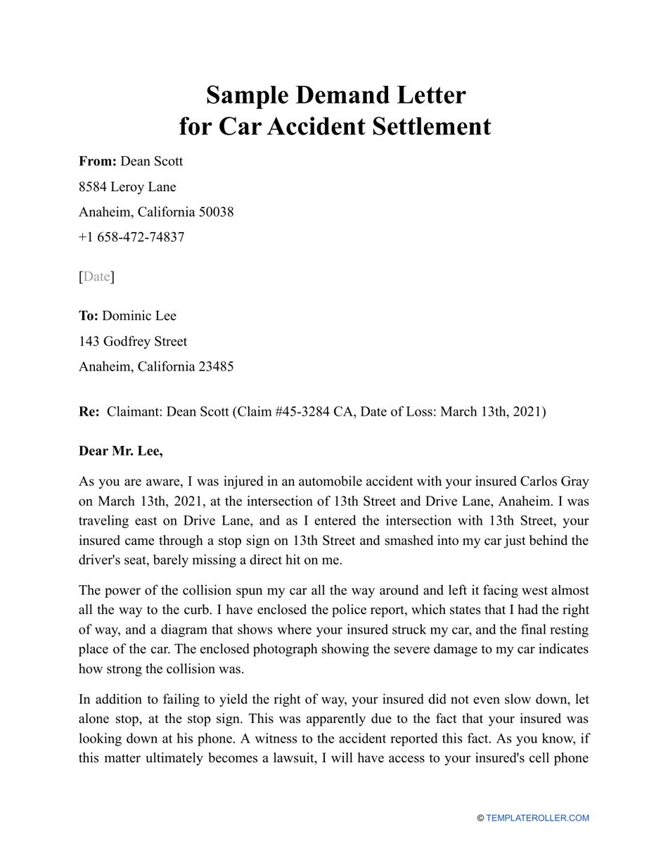 Sample Demand Letter For Car Accident Settlement Fill Out Sign 