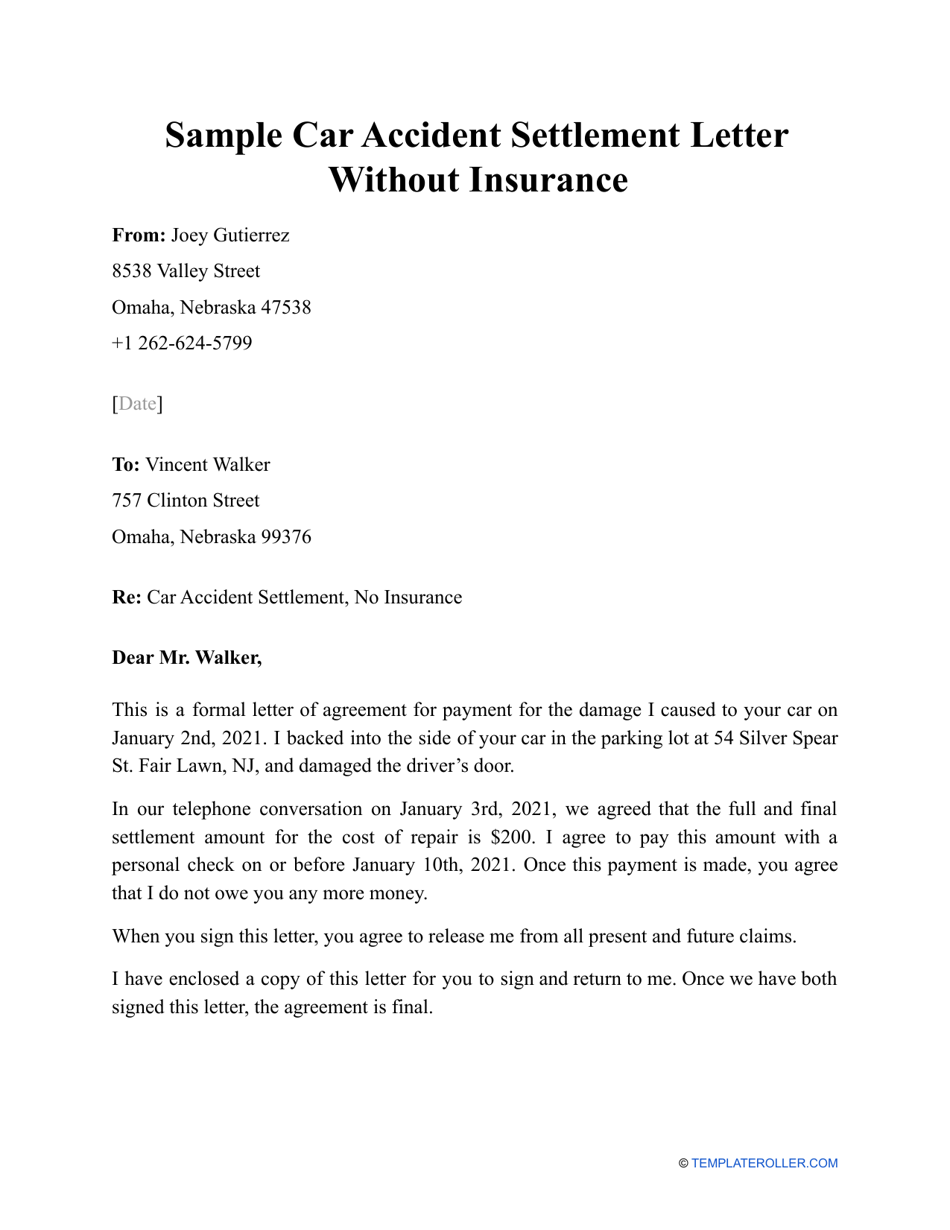 Car Accident Settlement Letter Without Insurance Preview