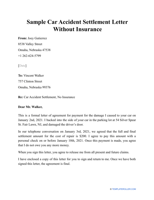 Sample &quot;Car Accident Settlement Letter Without Insurance&quot; Download Pdf