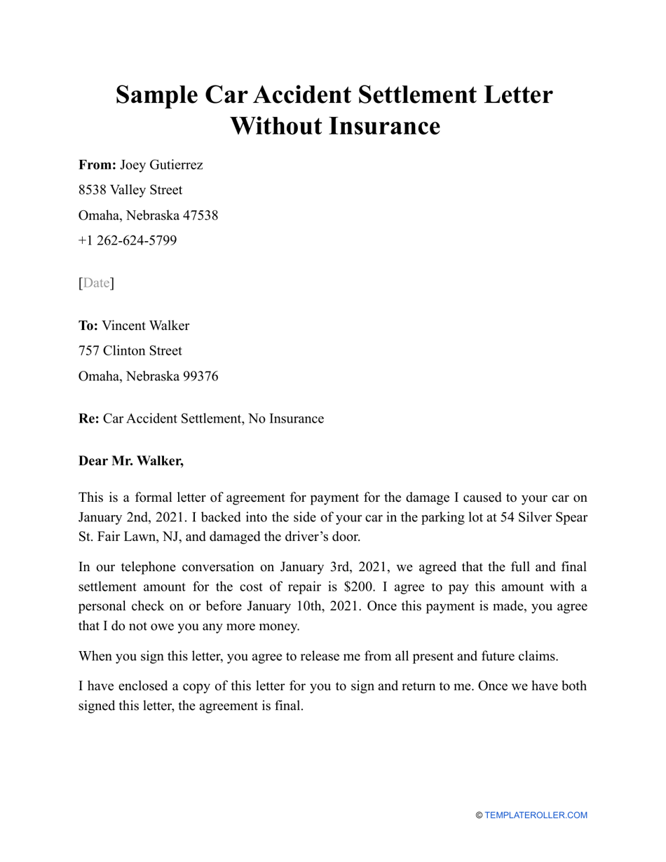 Sample Car Accident Settlement Letter Without Insurance Fill Out