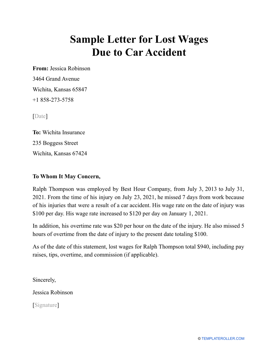 Sample Letter for Lost Wages Due to Car Accident, Page 1