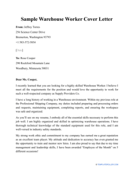 Sample &quot;Warehouse Worker Cover Letter&quot;
