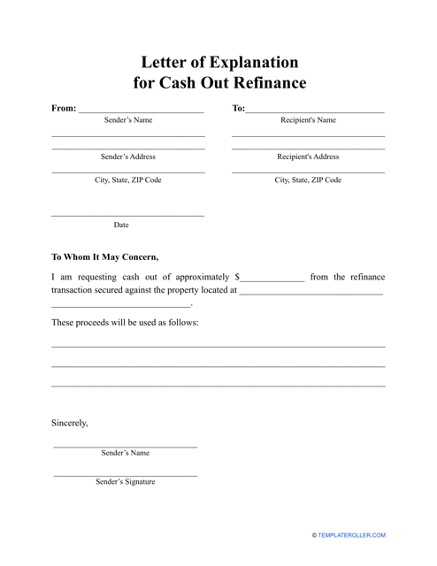 Letter of Explanation for Cash out Refinance Template