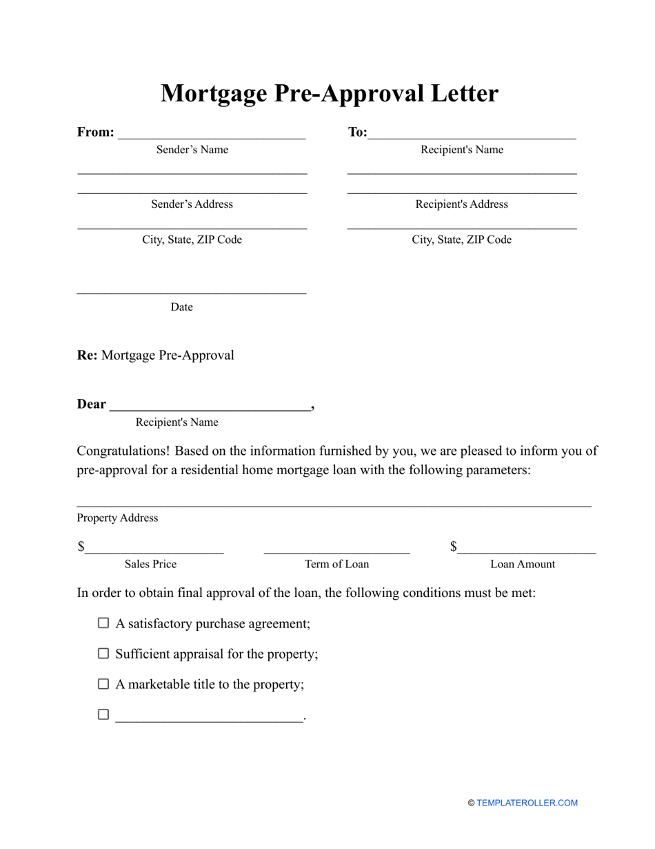 Mortgage pre-approval letter template - A professional pre-approval letter used in the mortgage industry, providing a clear and concise indication of a borrower's creditworthiness.