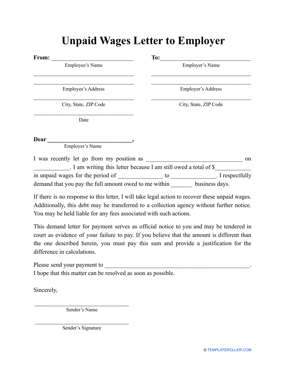 Unpaid Wages Letter to Employer Template - Preview