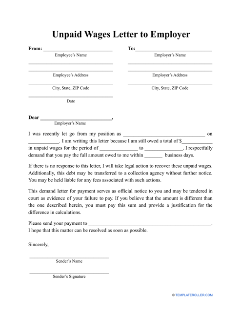 "Unpaid Wages Letter to Employer Template" Download Pdf