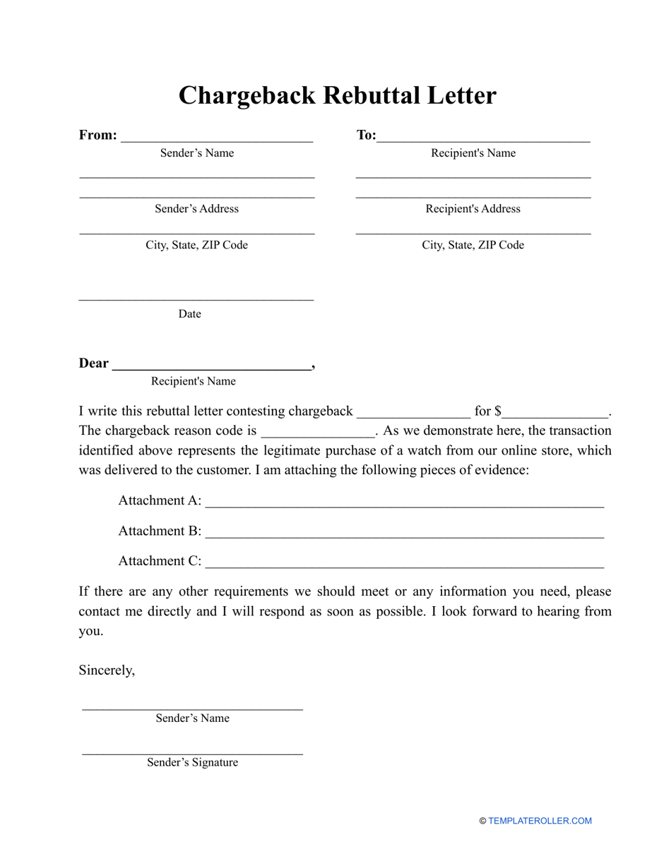 Chargeback Rebuttal Letter Template Example - Designed to dispute a chargeback.