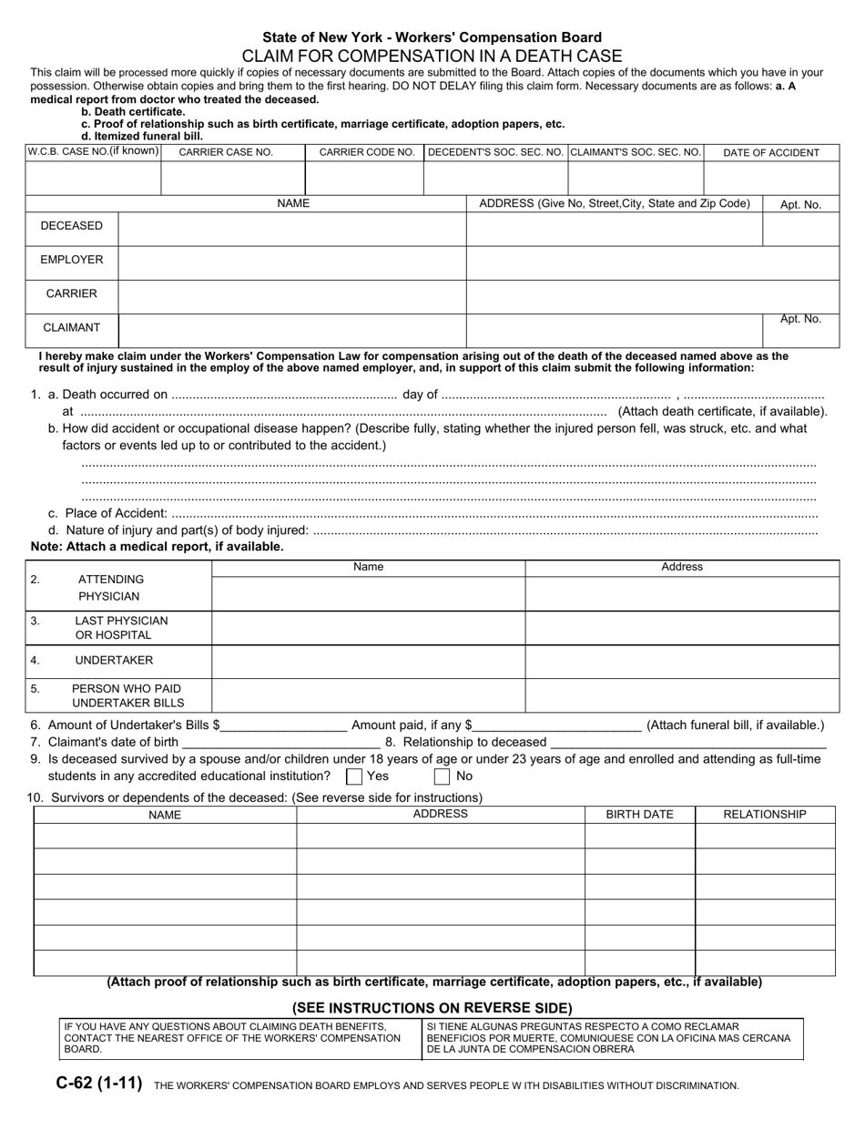 Form C-62 Claim for Compensation in a Death Case - New York, Page 1