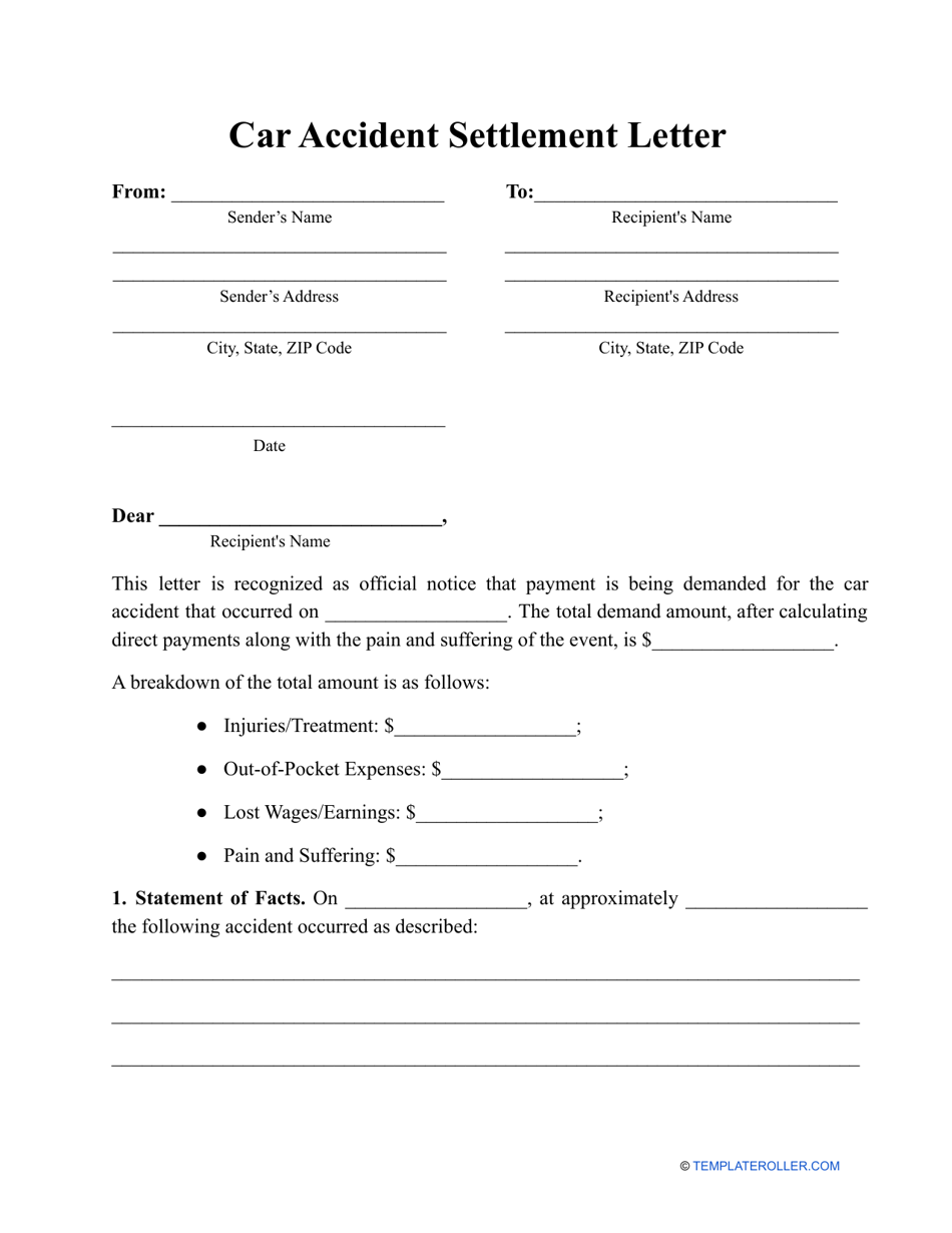 Car Damage Payment Printable Car Accident Settlement Agreement Form