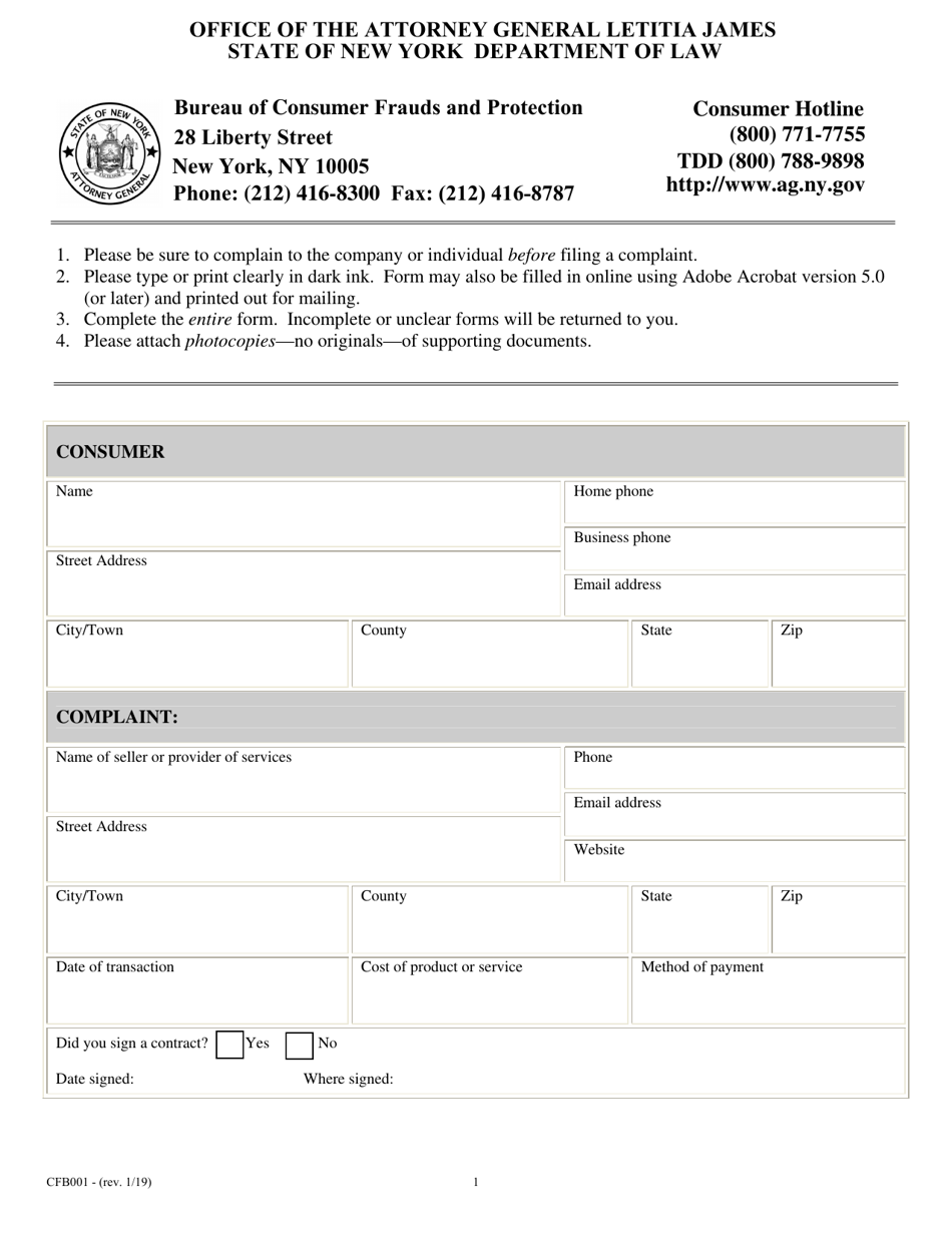 Form CFB001 - Fill Out, Sign Online and Download Printable PDF, New ...