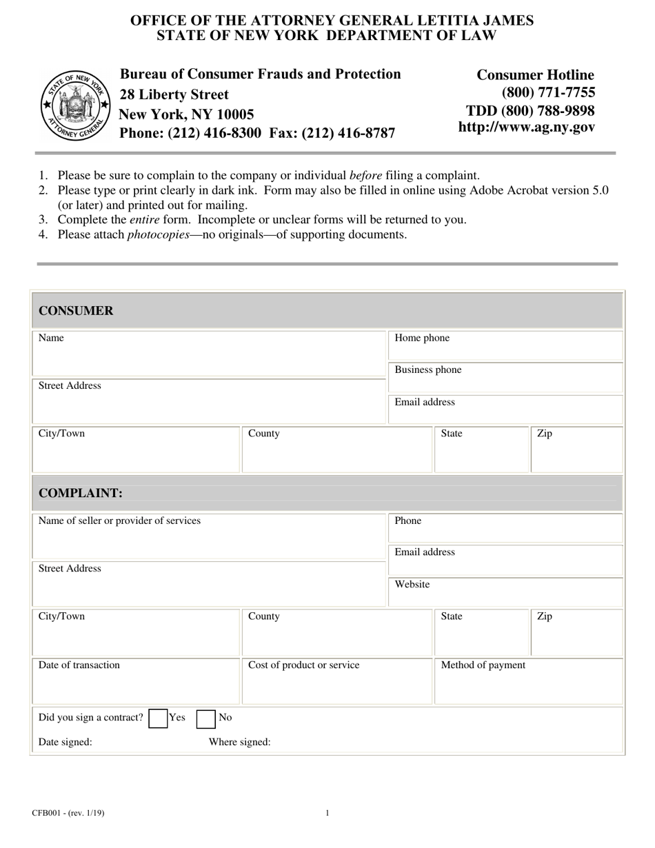 Form CFB001 General Consumer Complaint Form - New York, Page 1