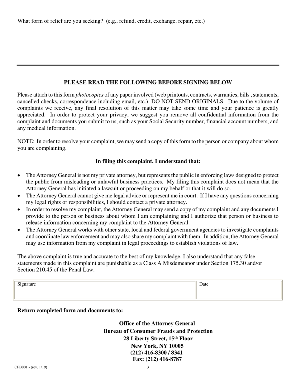 Form CFB001 General Consumer Complaint Form - New York, Page 3