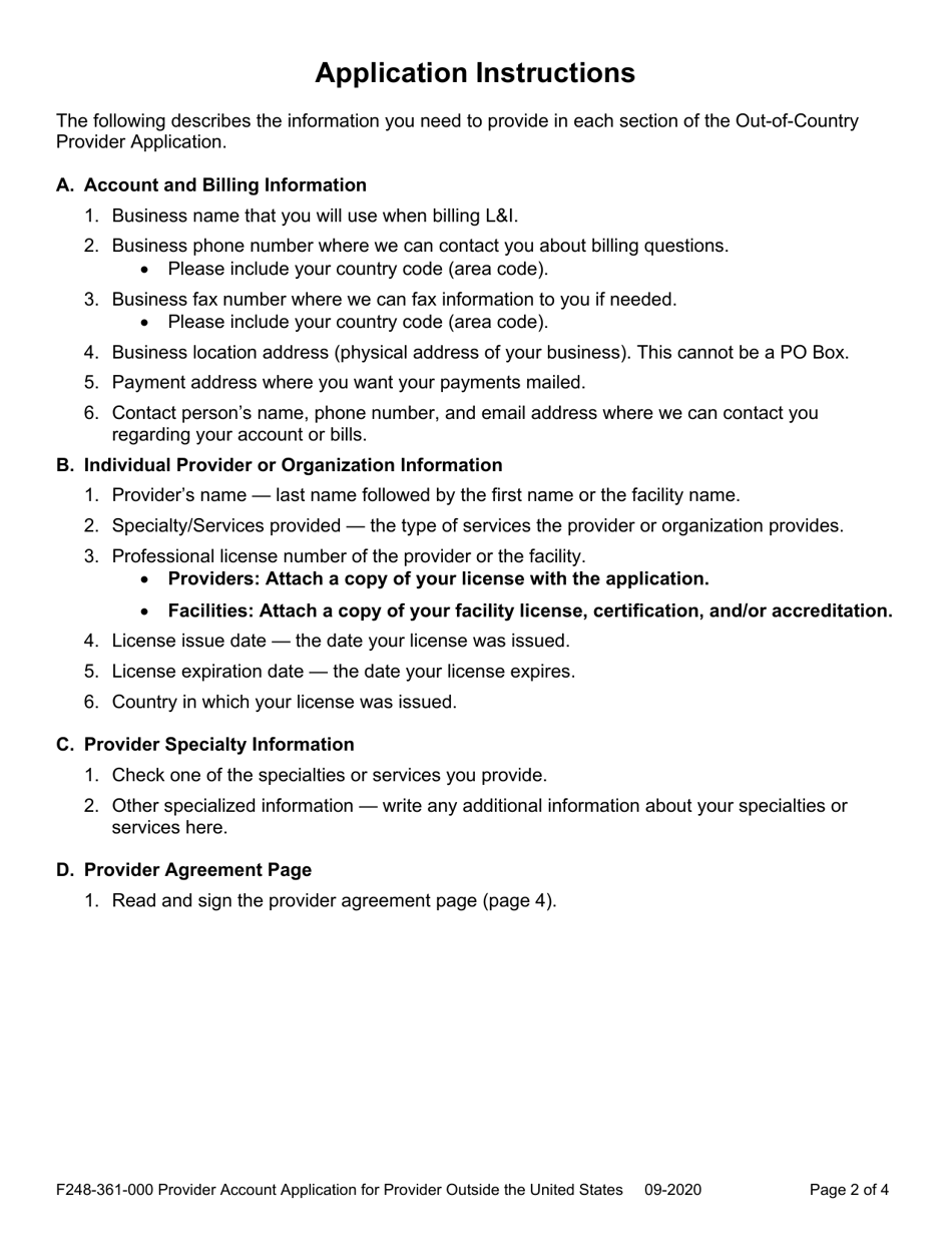 Form F248-361-000 Provider Account Application for Provider Outside the United States - Washington, Page 2
