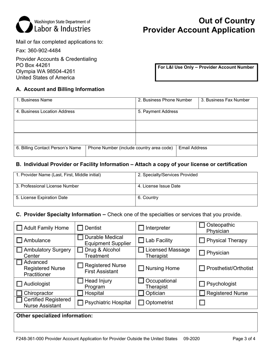 Form F248-361-000 Provider Account Application for Provider Outside the United States - Washington, Page 3