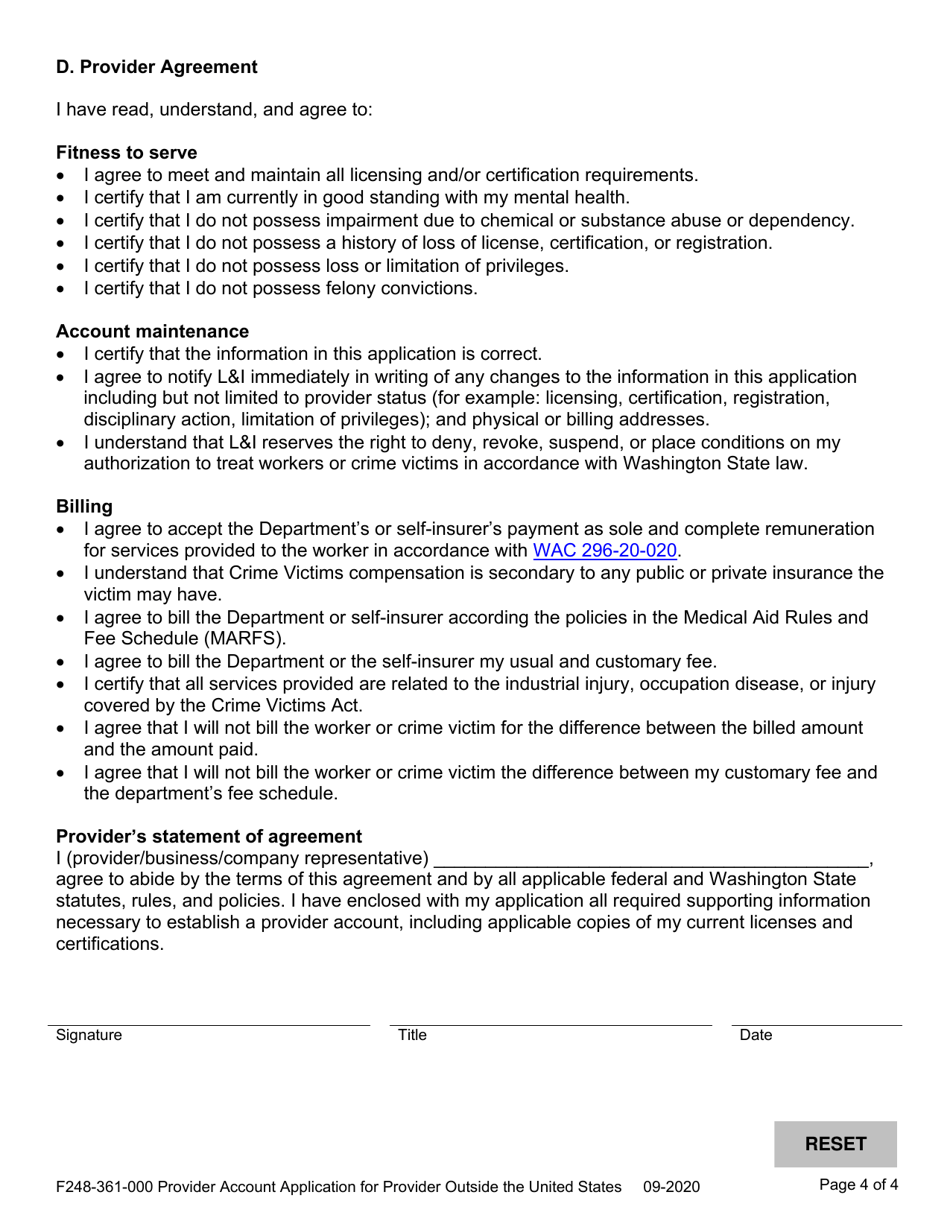 Form F248-361-000 Provider Account Application for Provider Outside the United States - Washington, Page 4
