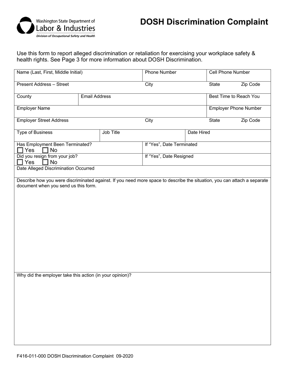 Form F416-011-000 Dosh Discrimination Complaint - Washington, Page 1