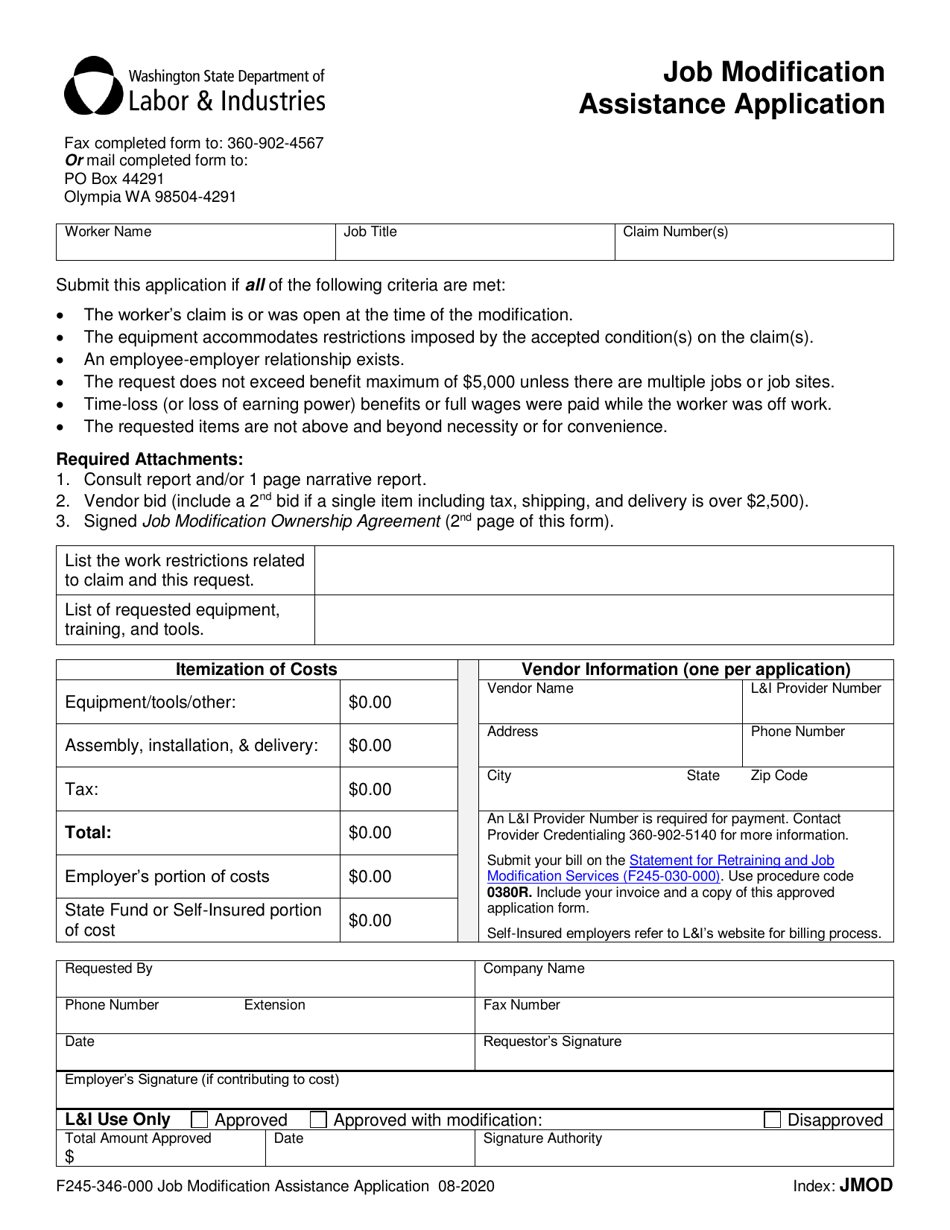 Form F245-346-000 Job Modification Assistance Application - Washington, Page 1