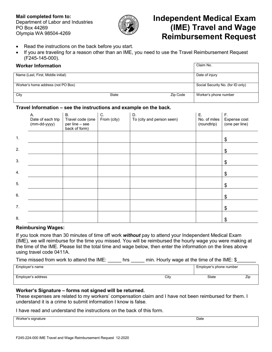 Form F245-224-000 Independent Medical Exam (Ime) Travel and Wage Reimbursement Request - Washington, Page 3