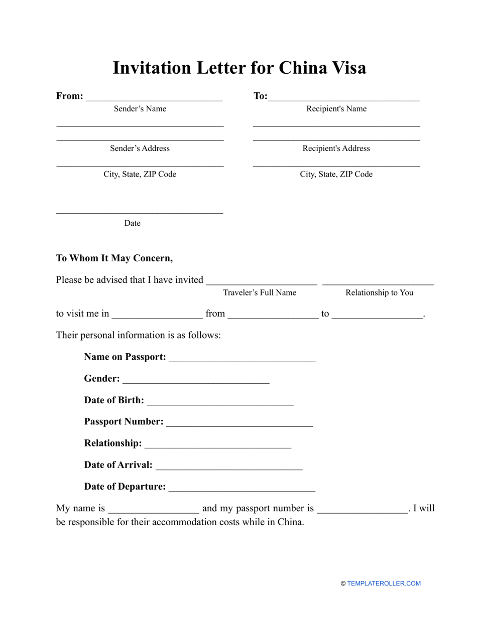 Invitation Letter for China Visa Template, Page 1
