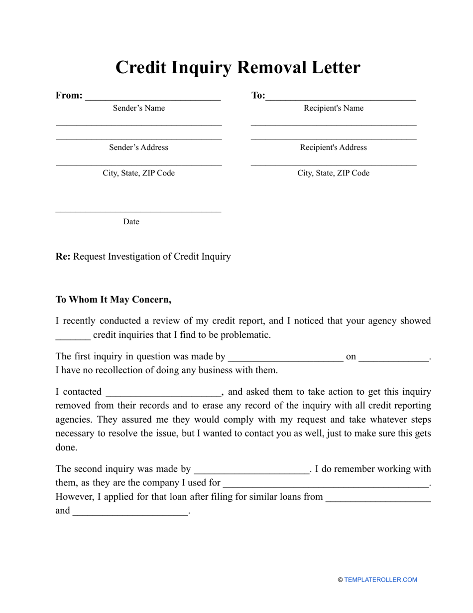 Credit Inquiry Removal Letter Template - A handy sample document to remove any questionable inquiries from your credit report.
