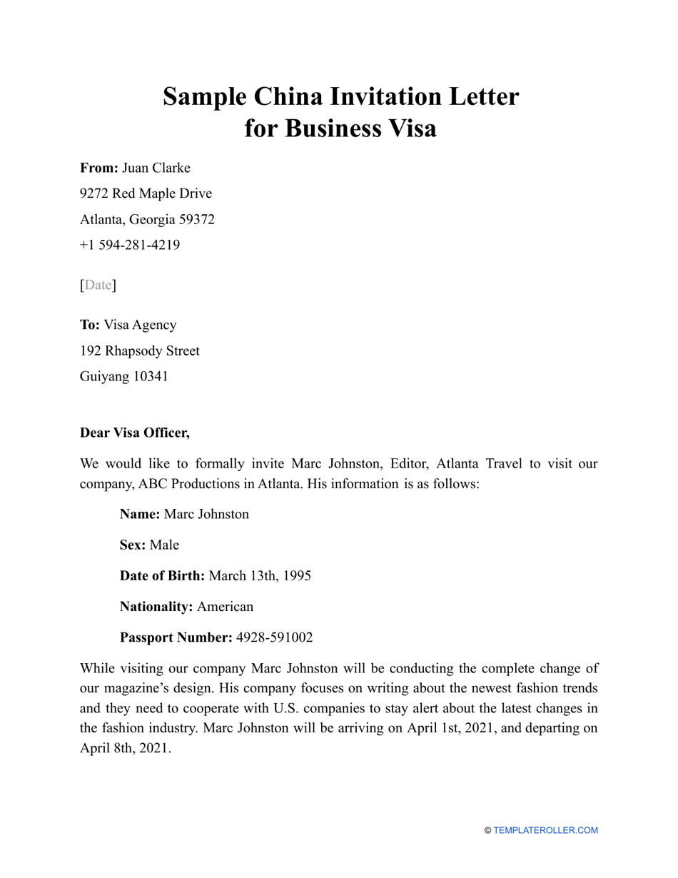 Sample China Invitation Letter for Business Visa, Page 1